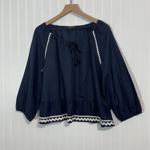 J.Crew Linen Cotton Peasant Top L Boho Navy Blue Embroidered Ruffle Hem Tassel - Picture 1 of 7